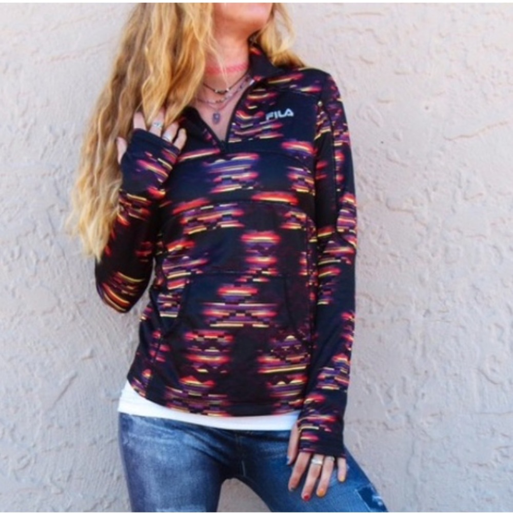 FILA SPORT Fiery Aztec Print Long Sleeve Quarter Zip Polo Top NWOT
